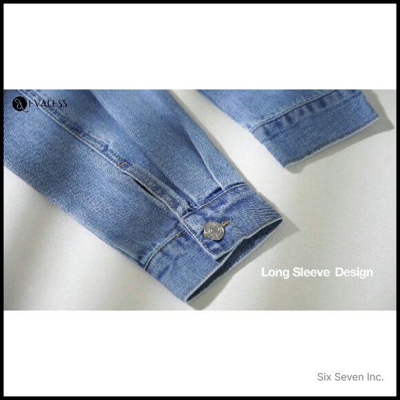 Oversized Color Block Denim Jacket Chic Boyfriend Fit Long Sleeve Button Down - Picture 8 of 8